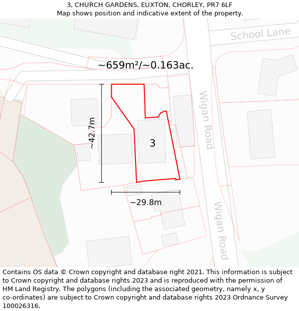 3, CHURCH GARDENS, EUXTON, CHORLEY, PR7 6LF: Plot and title map