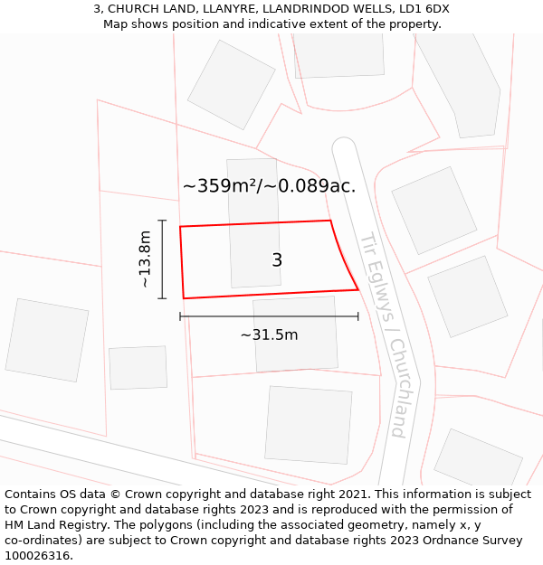 3, CHURCH LAND, LLANYRE, LLANDRINDOD WELLS, LD1 6DX: Plot and title map