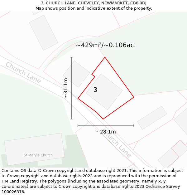 3, CHURCH LANE, CHEVELEY, NEWMARKET, CB8 9DJ: Plot and title map