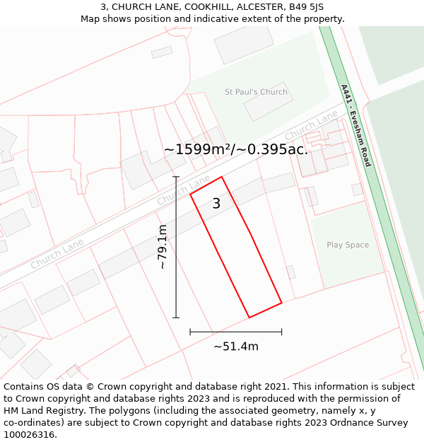 3, CHURCH LANE, COOKHILL, ALCESTER, B49 5JS: Plot and title map