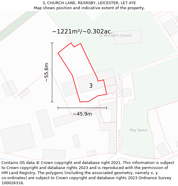 3, CHURCH LANE, REARSBY, LEICESTER, LE7 4YE: Plot and title map