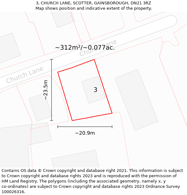 3, CHURCH LANE, SCOTTER, GAINSBOROUGH, DN21 3RZ: Plot and title map