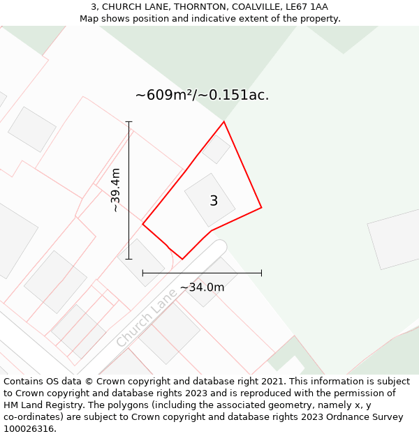 3, CHURCH LANE, THORNTON, COALVILLE, LE67 1AA: Plot and title map