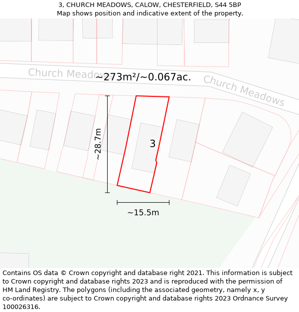 3, CHURCH MEADOWS, CALOW, CHESTERFIELD, S44 5BP: Plot and title map