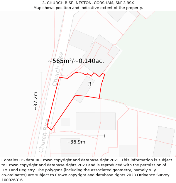 3, CHURCH RISE, NESTON, CORSHAM, SN13 9SX: Plot and title map