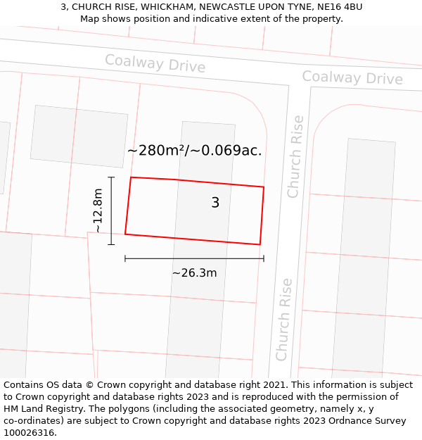 3, CHURCH RISE, WHICKHAM, NEWCASTLE UPON TYNE, NE16 4BU: Plot and title map