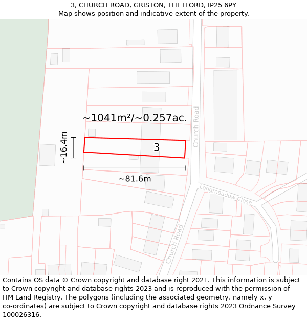 3, CHURCH ROAD, GRISTON, THETFORD, IP25 6PY: Plot and title map