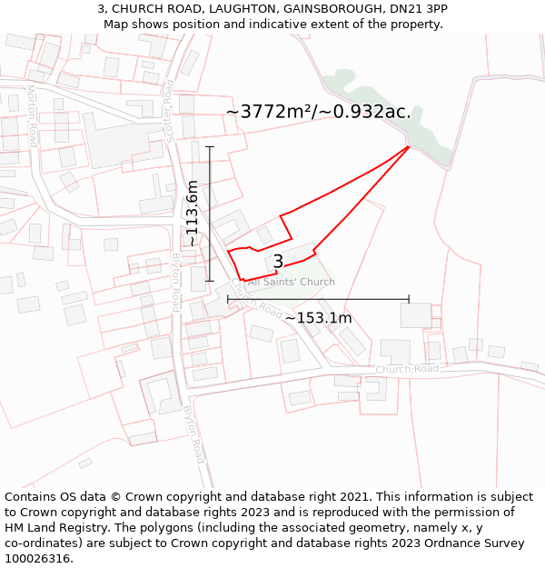 3, CHURCH ROAD, LAUGHTON, GAINSBOROUGH, DN21 3PP: Plot and title map