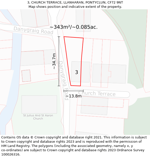 3, CHURCH TERRACE, LLANHARAN, PONTYCLUN, CF72 9NT: Plot and title map