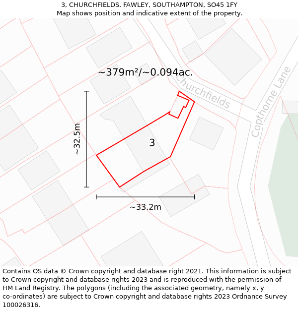 3, CHURCHFIELDS, FAWLEY, SOUTHAMPTON, SO45 1FY: Plot and title map