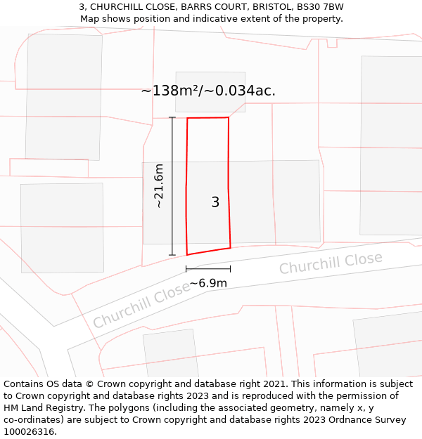 3, CHURCHILL CLOSE, BARRS COURT, BRISTOL, BS30 7BW: Plot and title map