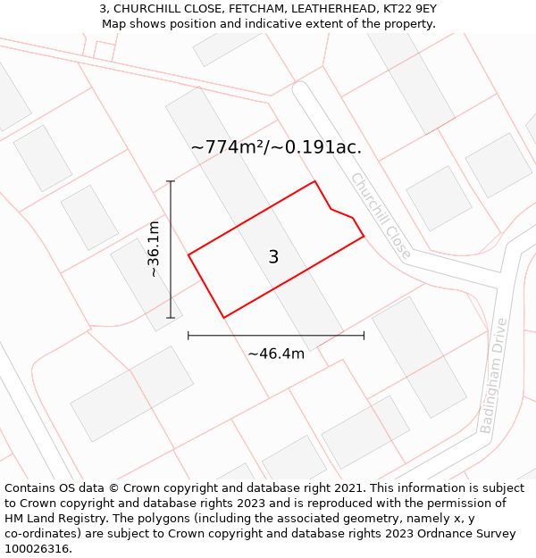 3, CHURCHILL CLOSE, FETCHAM, LEATHERHEAD, KT22 9EY: Plot and title map