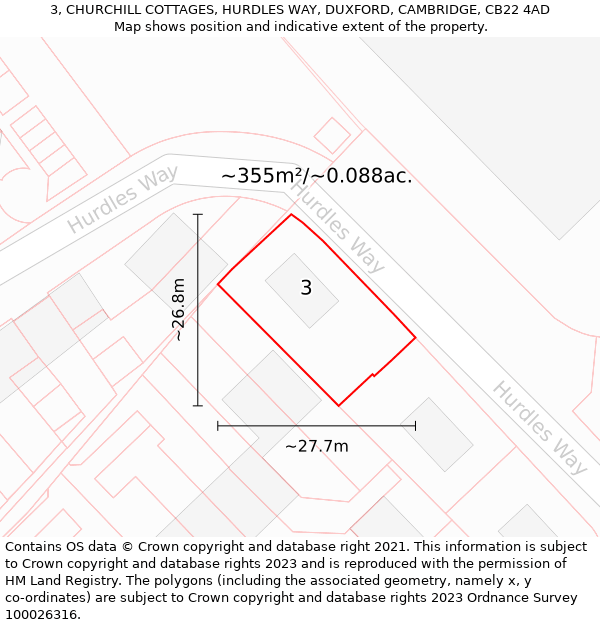 3, CHURCHILL COTTAGES, HURDLES WAY, DUXFORD, CAMBRIDGE, CB22 4AD: Plot and title map