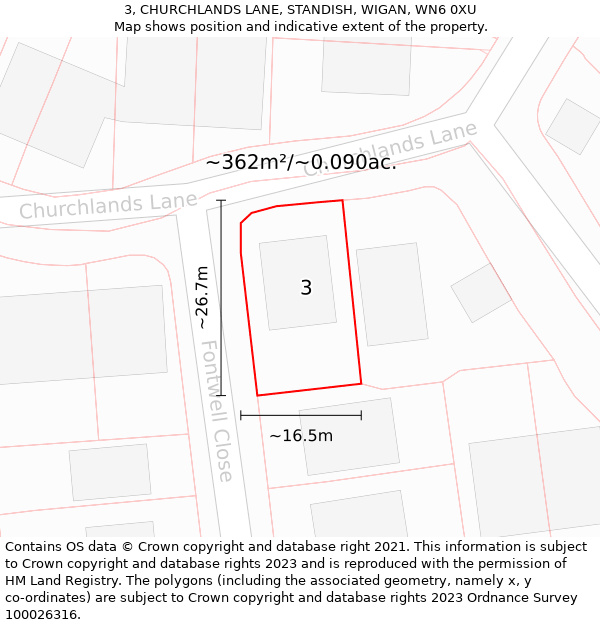 3, CHURCHLANDS LANE, STANDISH, WIGAN, WN6 0XU: Plot and title map