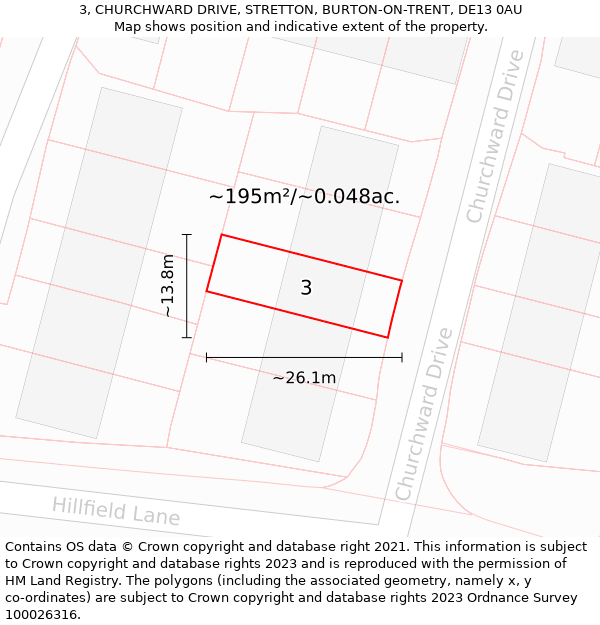 3, CHURCHWARD DRIVE, STRETTON, BURTON-ON-TRENT, DE13 0AU: Plot and title map