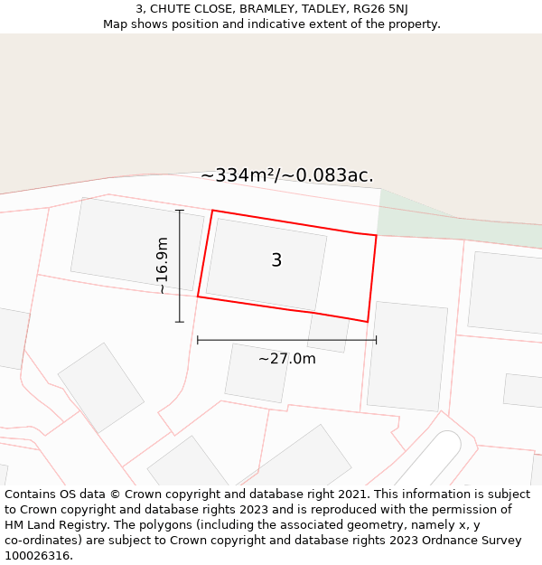 3, CHUTE CLOSE, BRAMLEY, TADLEY, RG26 5NJ: Plot and title map