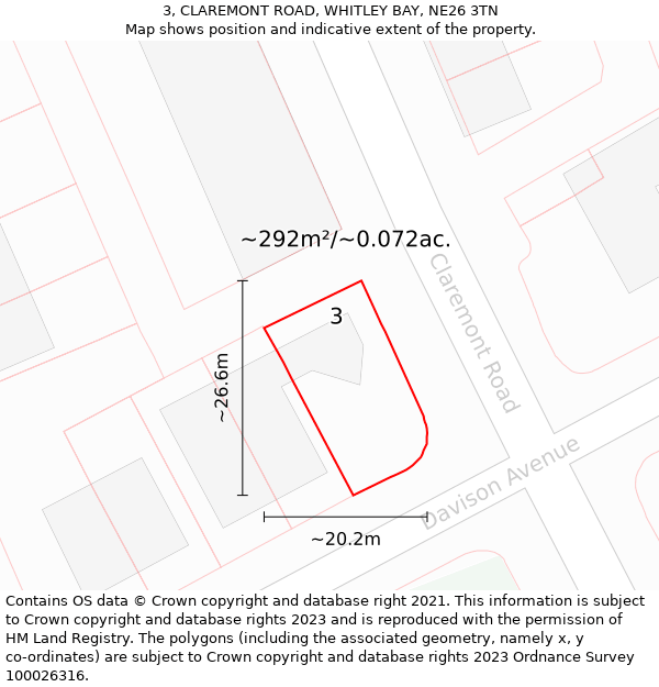 3, CLAREMONT ROAD, WHITLEY BAY, NE26 3TN: Plot and title map
