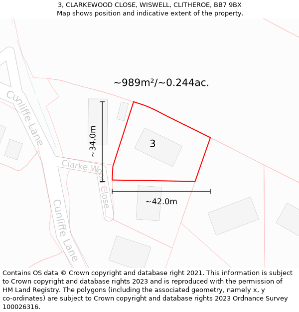 3, CLARKEWOOD CLOSE, WISWELL, CLITHEROE, BB7 9BX: Plot and title map