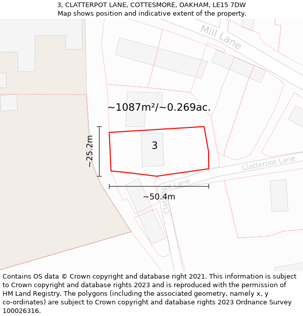 3, CLATTERPOT LANE, COTTESMORE, OAKHAM, LE15 7DW: Plot and title map