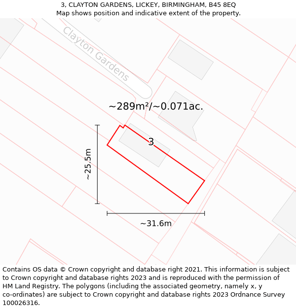 3, CLAYTON GARDENS, LICKEY, BIRMINGHAM, B45 8EQ: Plot and title map