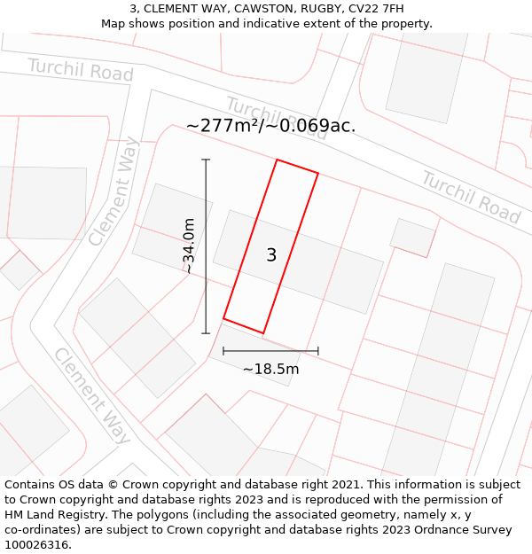 3, CLEMENT WAY, CAWSTON, RUGBY, CV22 7FH: Plot and title map