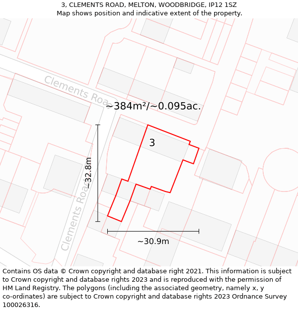 3, CLEMENTS ROAD, MELTON, WOODBRIDGE, IP12 1SZ: Plot and title map