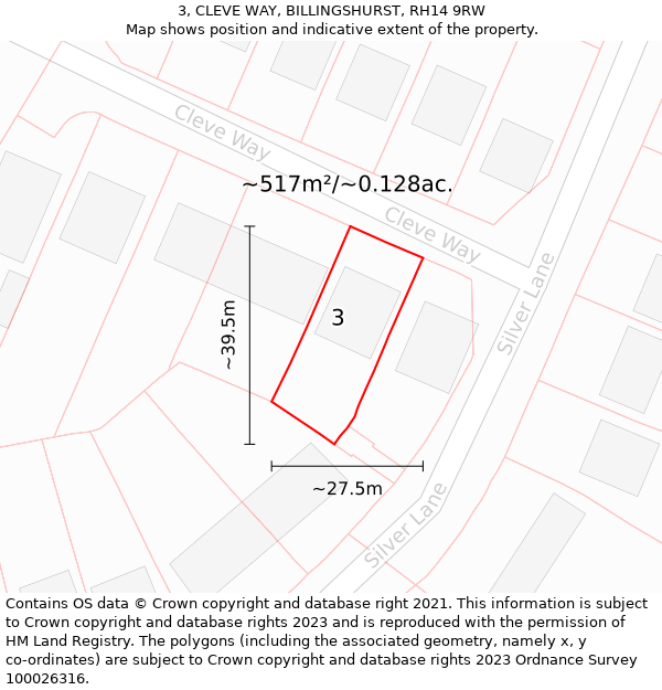 3, CLEVE WAY, BILLINGSHURST, RH14 9RW: Plot and title map