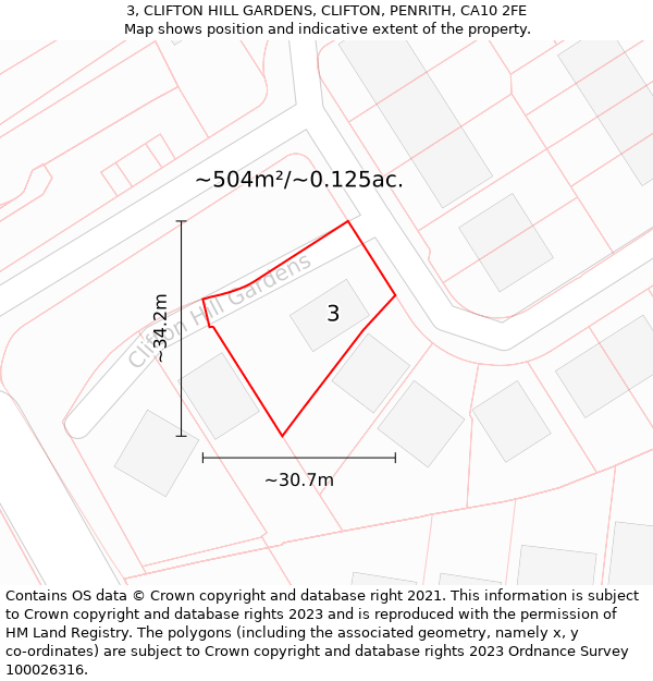 3, CLIFTON HILL GARDENS, CLIFTON, PENRITH, CA10 2FE: Plot and title map