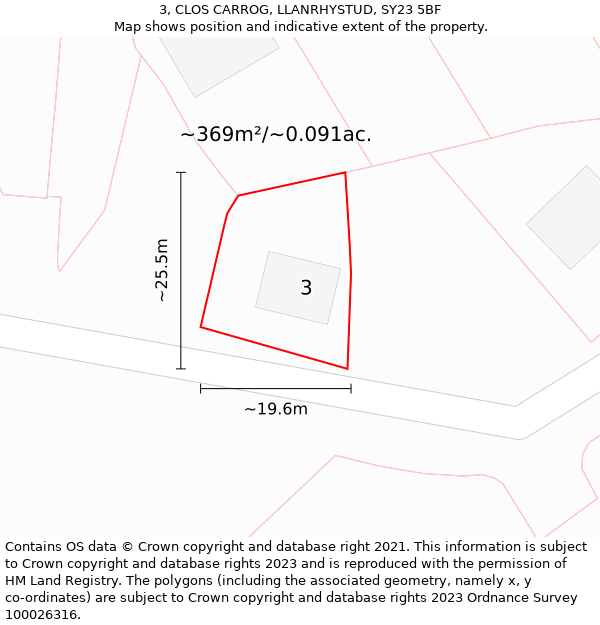 3, CLOS CARROG, LLANRHYSTUD, SY23 5BF: Plot and title map