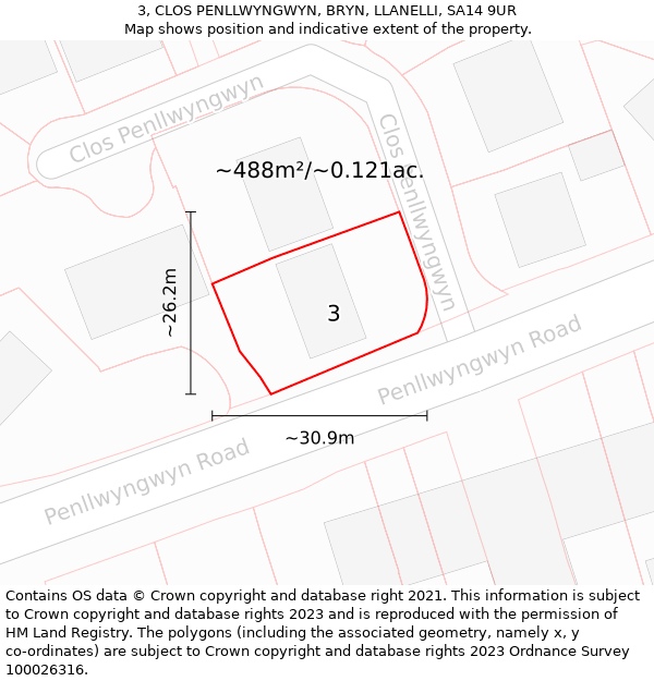 3, CLOS PENLLWYNGWYN, BRYN, LLANELLI, SA14 9UR: Plot and title map