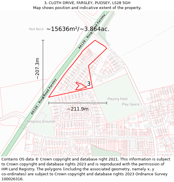 3, CLOTH DRIVE, FARSLEY, PUDSEY, LS28 5GH: Plot and title map