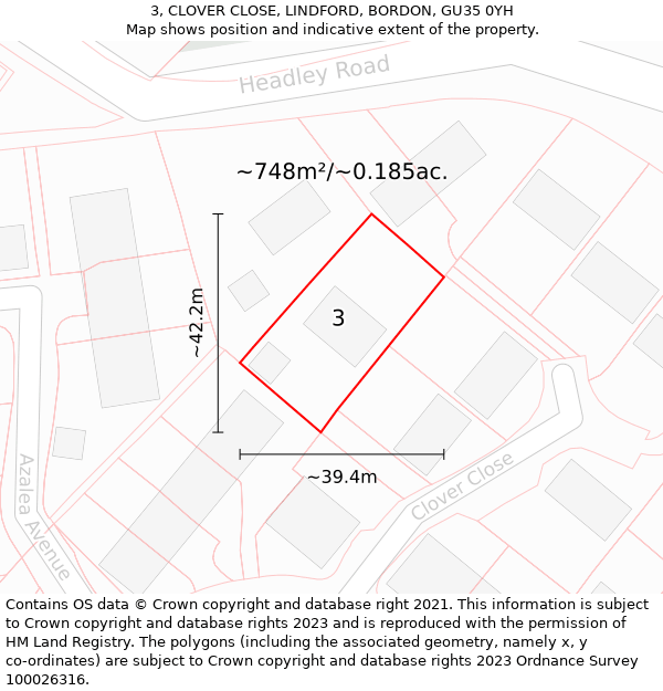 3, CLOVER CLOSE, LINDFORD, BORDON, GU35 0YH: Plot and title map