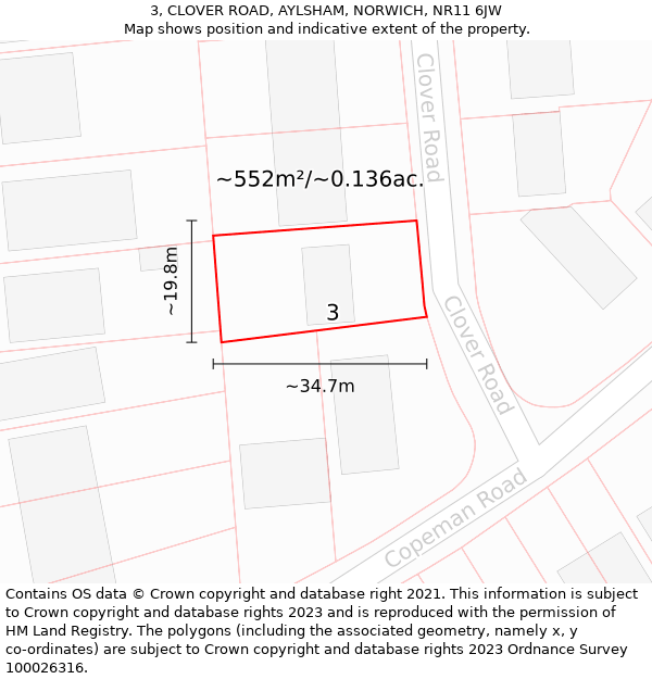 3, CLOVER ROAD, AYLSHAM, NORWICH, NR11 6JW: Plot and title map