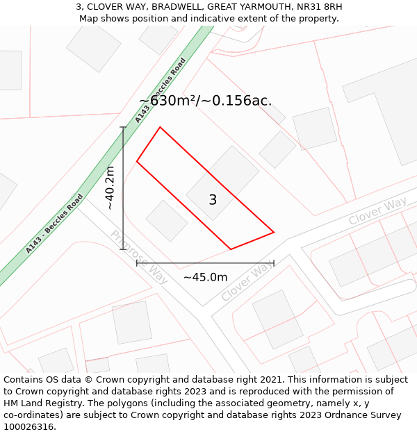 3, CLOVER WAY, BRADWELL, GREAT YARMOUTH, NR31 8RH: Plot and title map