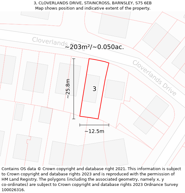 3, CLOVERLANDS DRIVE, STAINCROSS, BARNSLEY, S75 6EB: Plot and title map