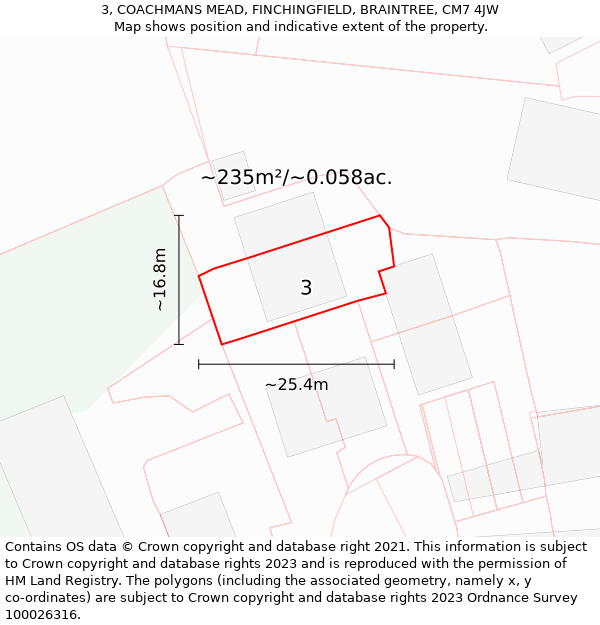 3, COACHMANS MEAD, FINCHINGFIELD, BRAINTREE, CM7 4JW: Plot and title map