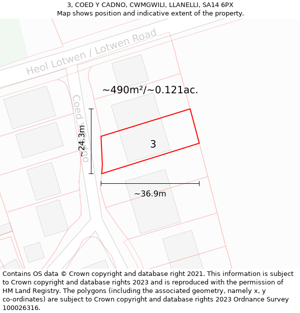 3, COED Y CADNO, CWMGWILI, LLANELLI, SA14 6PX: Plot and title map