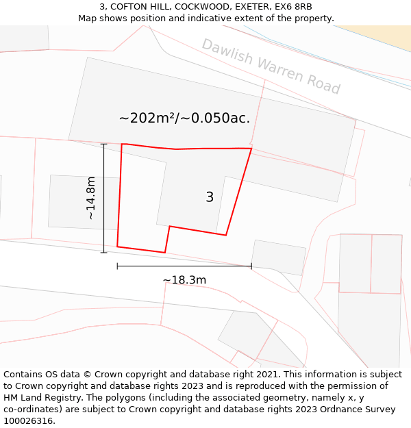 3, COFTON HILL, COCKWOOD, EXETER, EX6 8RB: Plot and title map