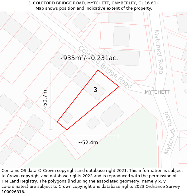 3, COLEFORD BRIDGE ROAD, MYTCHETT, CAMBERLEY, GU16 6DH: Plot and title map