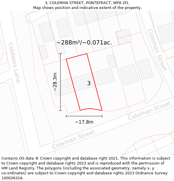 3, COLEMAN STREET, PONTEFRACT, WF8 2FL: Plot and title map