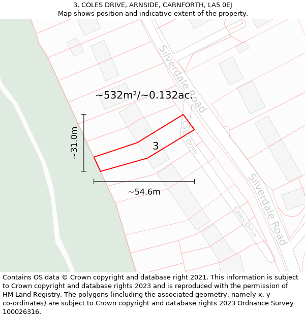 3, COLES DRIVE, ARNSIDE, CARNFORTH, LA5 0EJ: Plot and title map