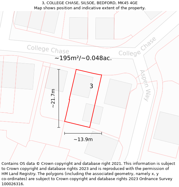 3, COLLEGE CHASE, SILSOE, BEDFORD, MK45 4GE: Plot and title map