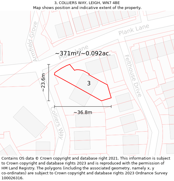 3, COLLIERS WAY, LEIGH, WN7 4BE: Plot and title map