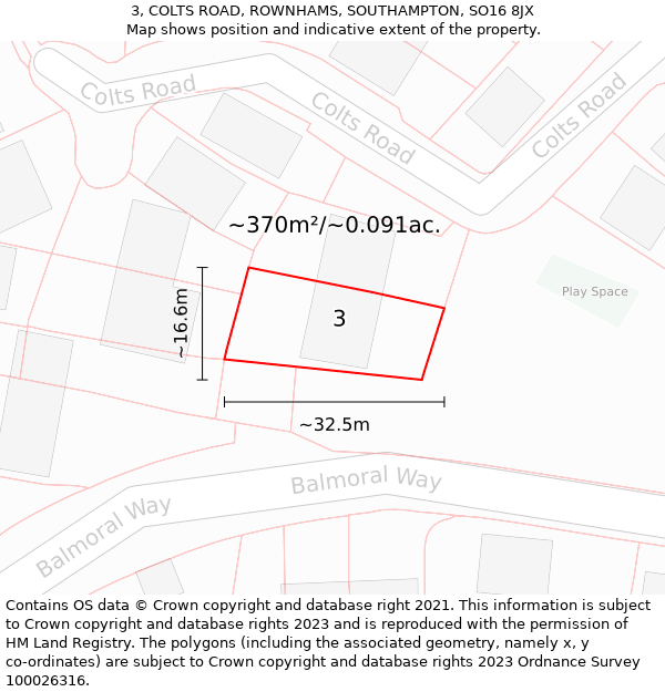 3, COLTS ROAD, ROWNHAMS, SOUTHAMPTON, SO16 8JX: Plot and title map