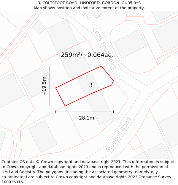 3, COLTSFOOT ROAD, LINDFORD, BORDON, GU35 0YS: Plot and title map