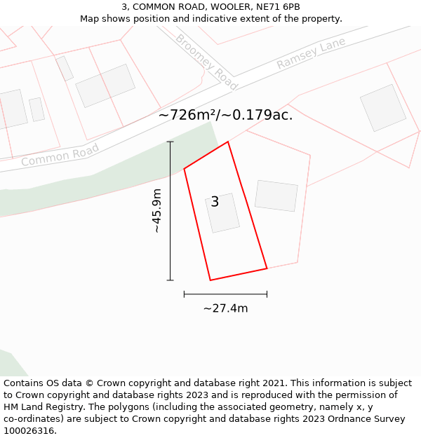 3, COMMON ROAD, WOOLER, NE71 6PB: Plot and title map