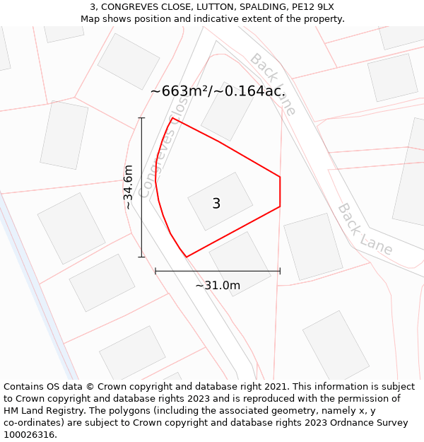 3, CONGREVES CLOSE, LUTTON, SPALDING, PE12 9LX: Plot and title map