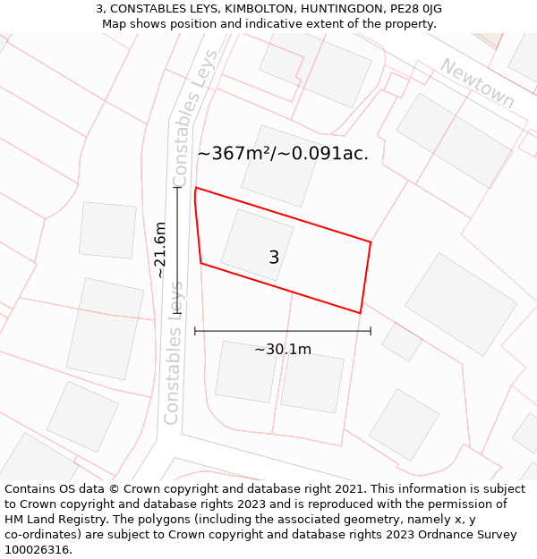 3, CONSTABLES LEYS, KIMBOLTON, HUNTINGDON, PE28 0JG: Plot and title map