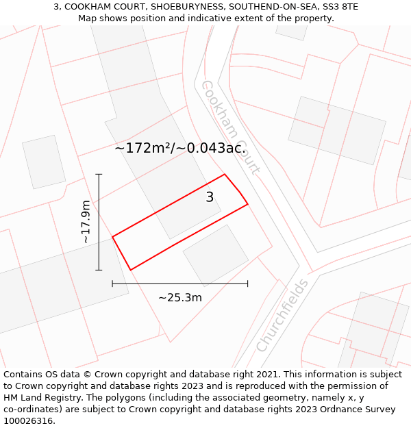 3, COOKHAM COURT, SHOEBURYNESS, SOUTHEND-ON-SEA, SS3 8TE: Plot and title map