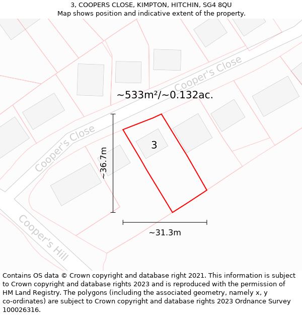 3, COOPERS CLOSE, KIMPTON, HITCHIN, SG4 8QU: Plot and title map